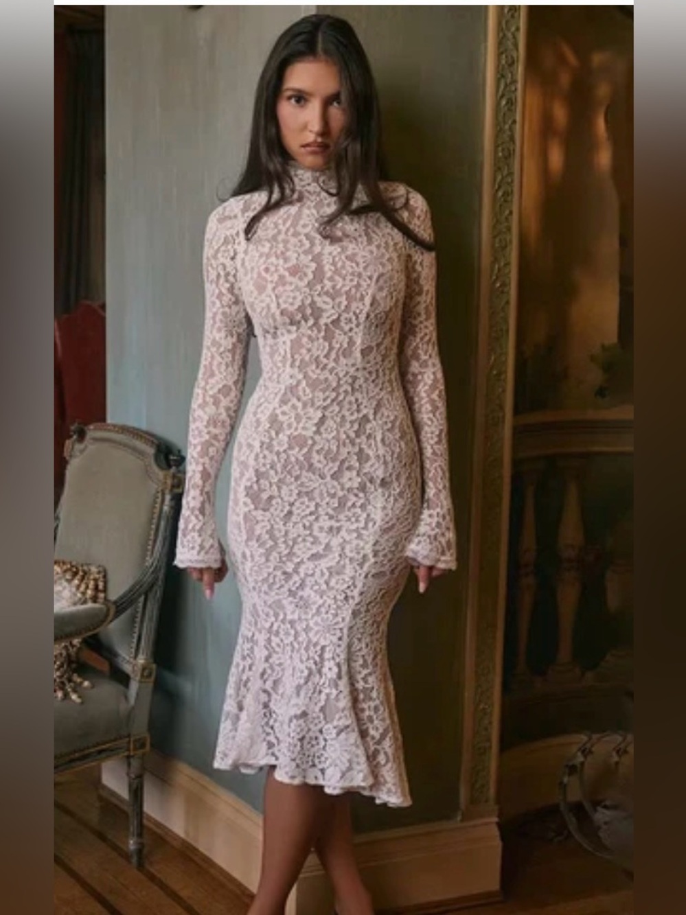 HOUSE OF CB 'Sophia' Vintage Ivory Lace Fitted Midi Dress NWOT
